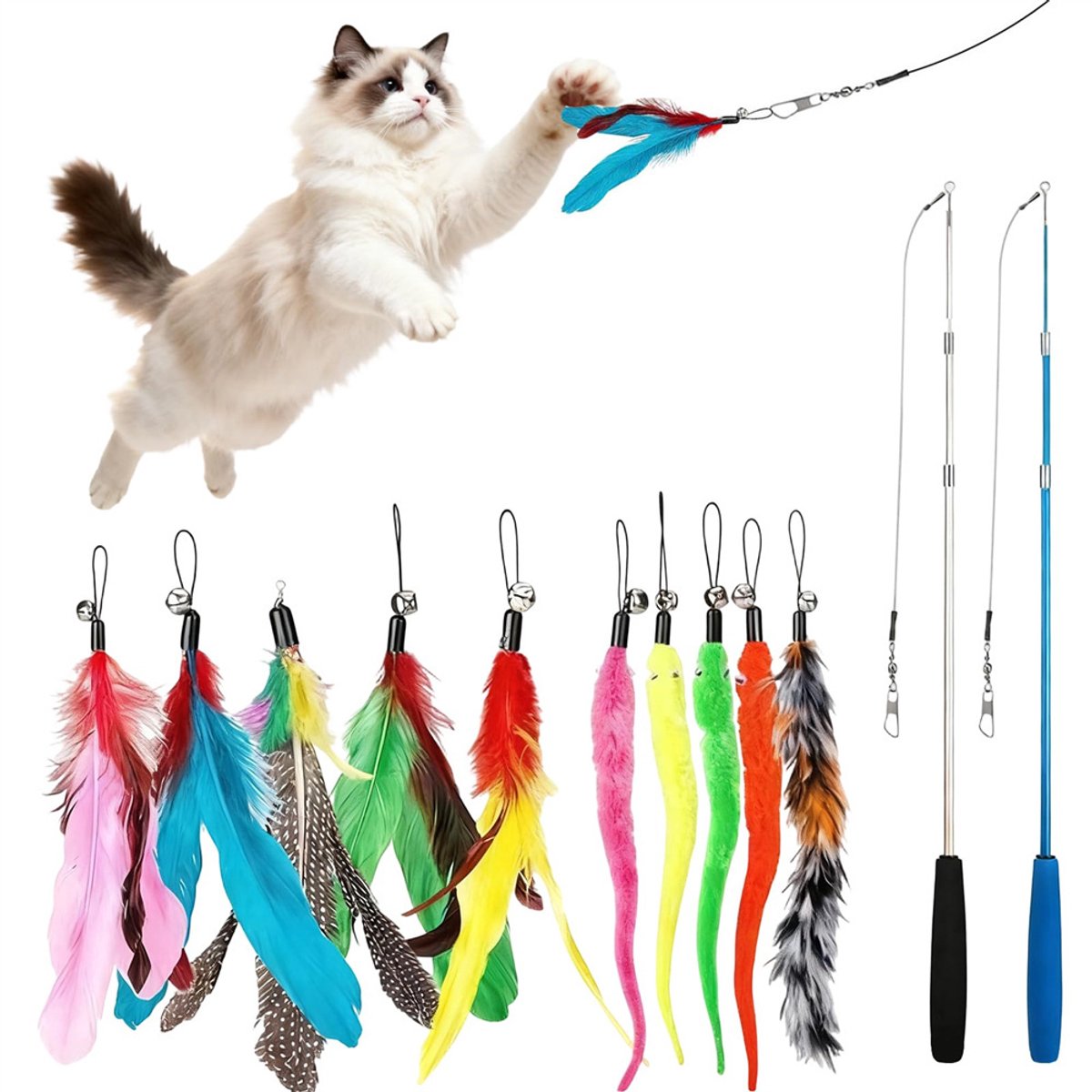 Cat Toys Veren Speelgoed, 2 stuks intrekbare hengel en 10 stuks vervangende verenkoppen met belvullingen, interactieve vanger en leuke oefening voor kitten en kat