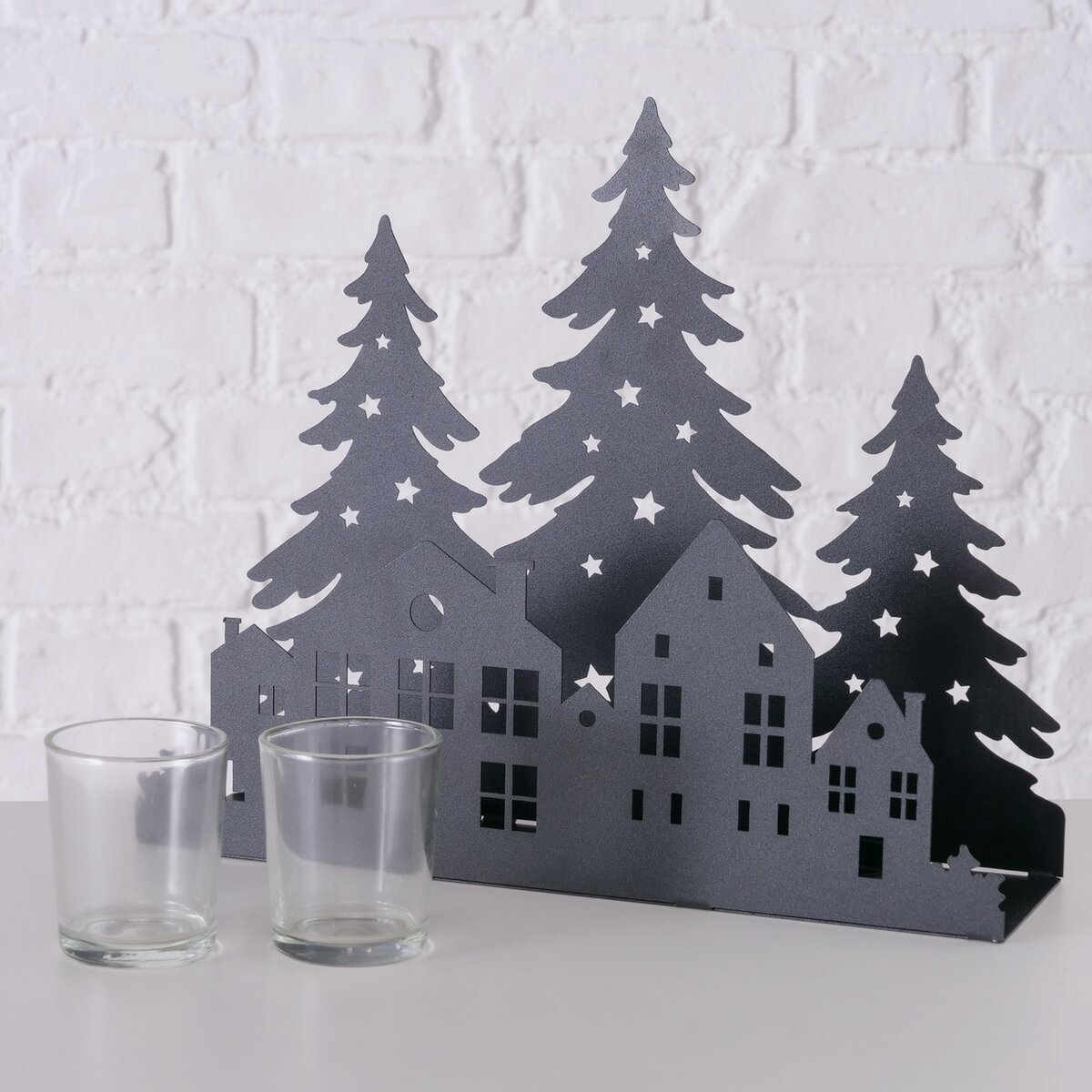 Boltze - Waxinehouder - Kaarsenhouder - Kerst – Zwart - Metaal - Kerstbomen & huisjes - 30x8,5x25 cm – foto 5