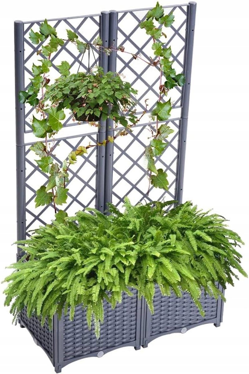 Bloembak met klimrek, rattan-look, grijsblauw, 40x80x136cm
