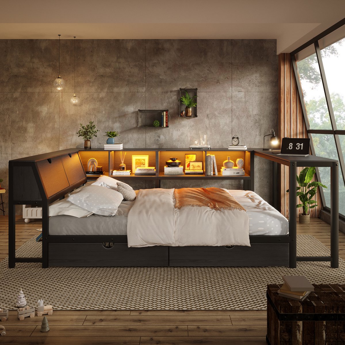 Multifunctioneel Bed 140x200 cm - Metaal En MDF Met Bureau, Opbergruimte En Lades - Voor Jeugd En Slaapkamer - Zwart - Zonder Matras