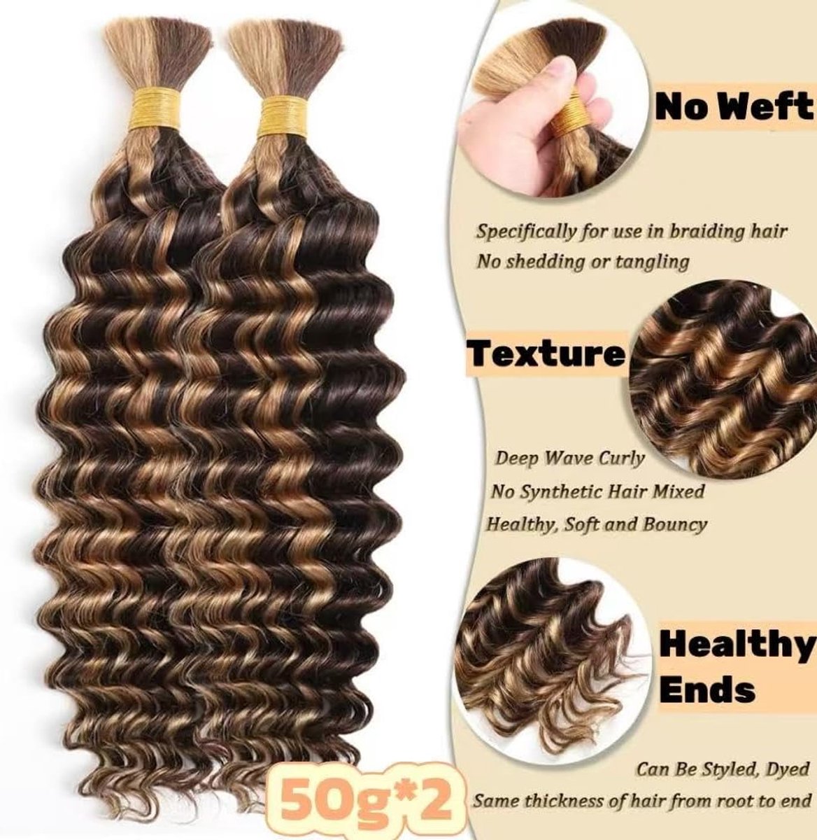 Deep Wave Bulk Human Hair Braiding for Boho Braids Weaving Natural Human Hair Unprocessed No Weft Bresilien Hightlight - ShopVlot