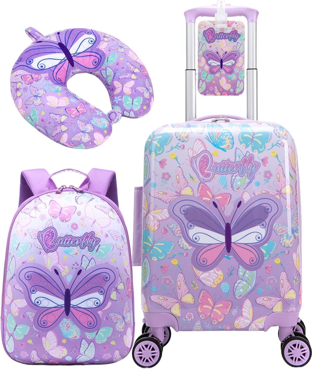 HTgroce Children's Suitcase, 3-Piece Trolley for Girls, Hard Suitcase with 4 Wheels, 360° Includes Backpack, Neck - ShopVlot
