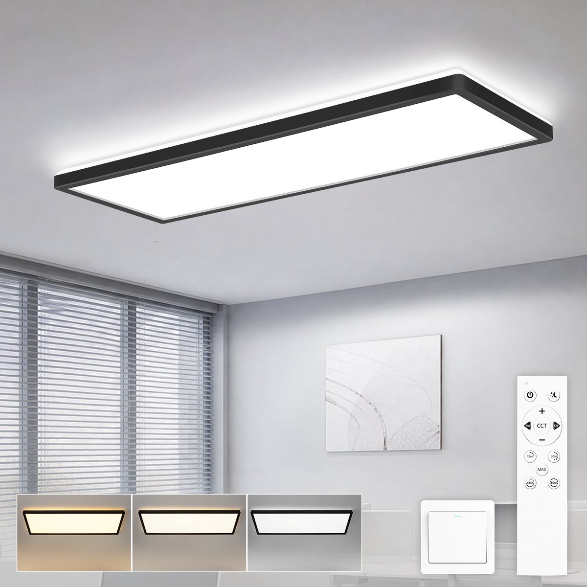 NETTLIFE LED Plafondlamp 58x20 cm - 22W Dimbaar met Afstandsbediening | 3 Kleurtemperaturen (3000K-6500K) | Met Geheugenfunctie | Geschikt voor Slaapkamer Keuken Hal & Kantoor - Zwart & Wit