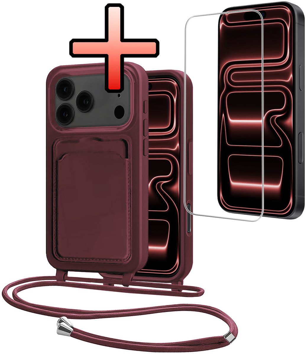 Hoes Geschikt voor iPhone 18 Pro Met Telefoonkoord Met Screenprotector - Siliconen Hoesje Backcover Met Ketting - Aubergine