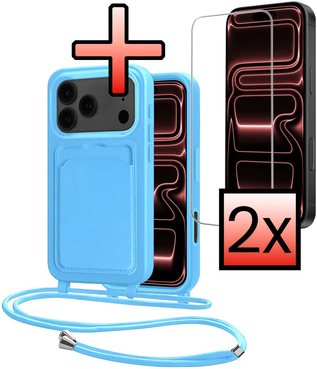 Hoes Geschikt voor iPhone 18 Pro Met Telefoonkoord Met 2x Screenprotector - Siliconen Hoesje Backcover Met Ketting - Lichtblauw