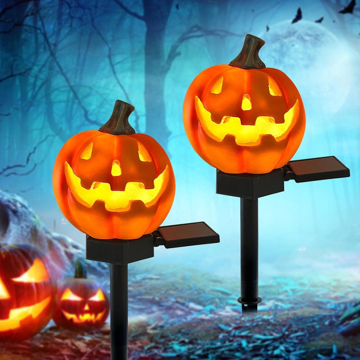 Halloween decoratie buiten-halloween verlichting-halloween pompoenen met licht-2-delige waterdichte pompoenverlichting van hars - Halloween-decoratie op zonne - Geschikt voor terrassen en tuinen - 36,5 x 23 x 4 cm