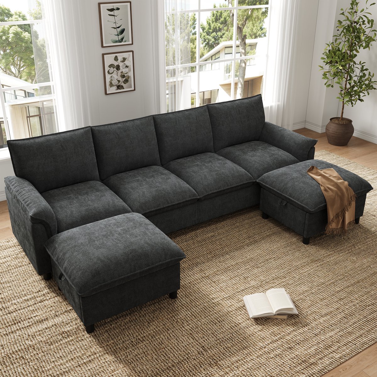 VVBV Hoekbank 264.5x142.5x84 cm - U-Vorm, Opbergruimte, Met Planken - Zwart, Chenille