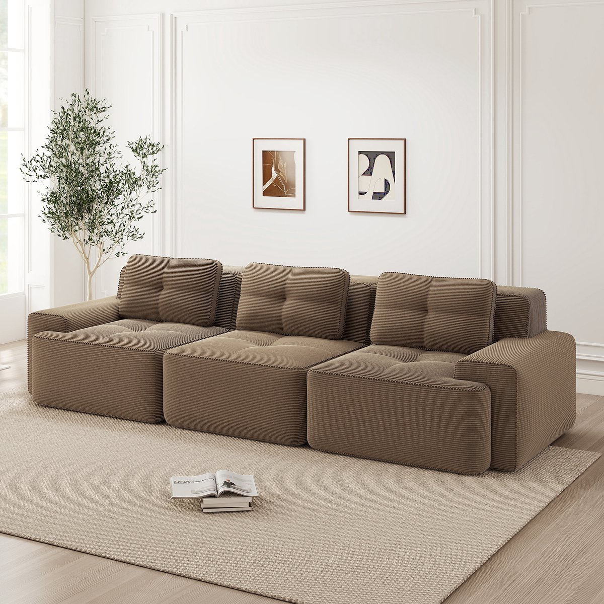 Comfortabel en Functioneel: 3-Zits Tiefsitz Sofa in Geribd Fluweel / Corduroy - 293x104x69 cm, Bruin