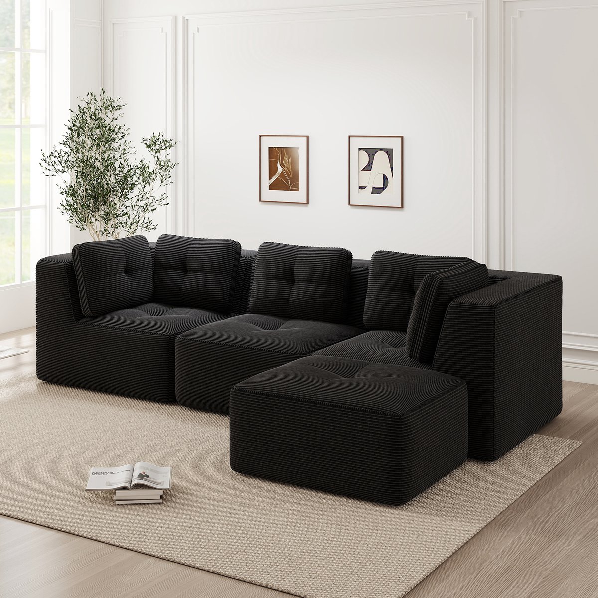 Modulaire Hoekbank - Ribstof Cloud Bank 3-Zits Lounge Sofa Met Hocker - Diepe Zitbank Zonder Montage Voor Woonkamer - Zwart