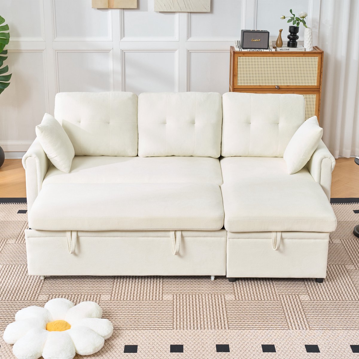 L Hoekbank - Slaapbank Met Opbergruimte - Chenille Bank 3 Zits Beige Links Rechts Montage