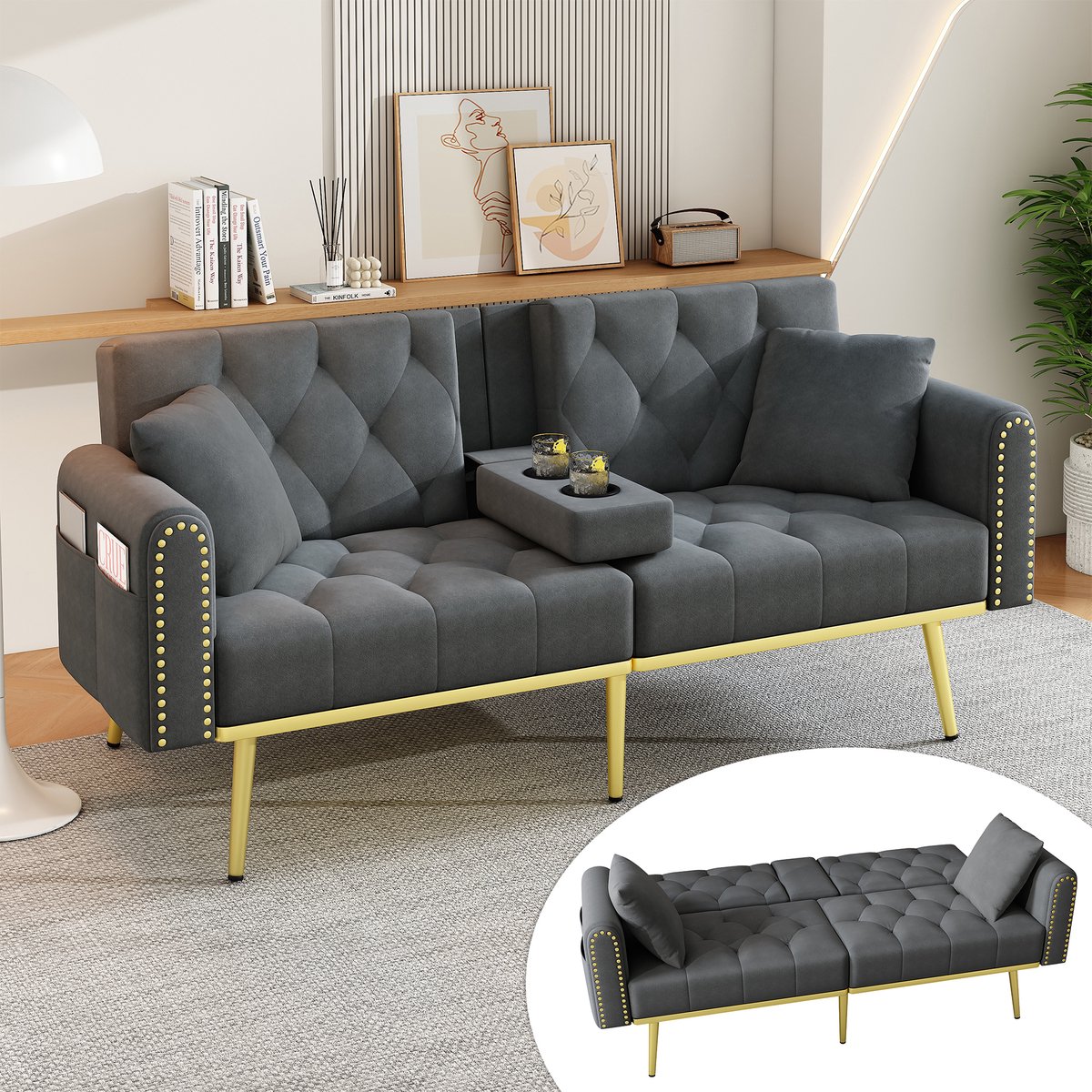 Slaapbank - 2 Zits Velvet Sofa Bed Grijs - Verstelbare Rugleuning Met 3 Standen, Bekerhouder En Gouden Poten - Comfortabele Bank Voor Woonkamer