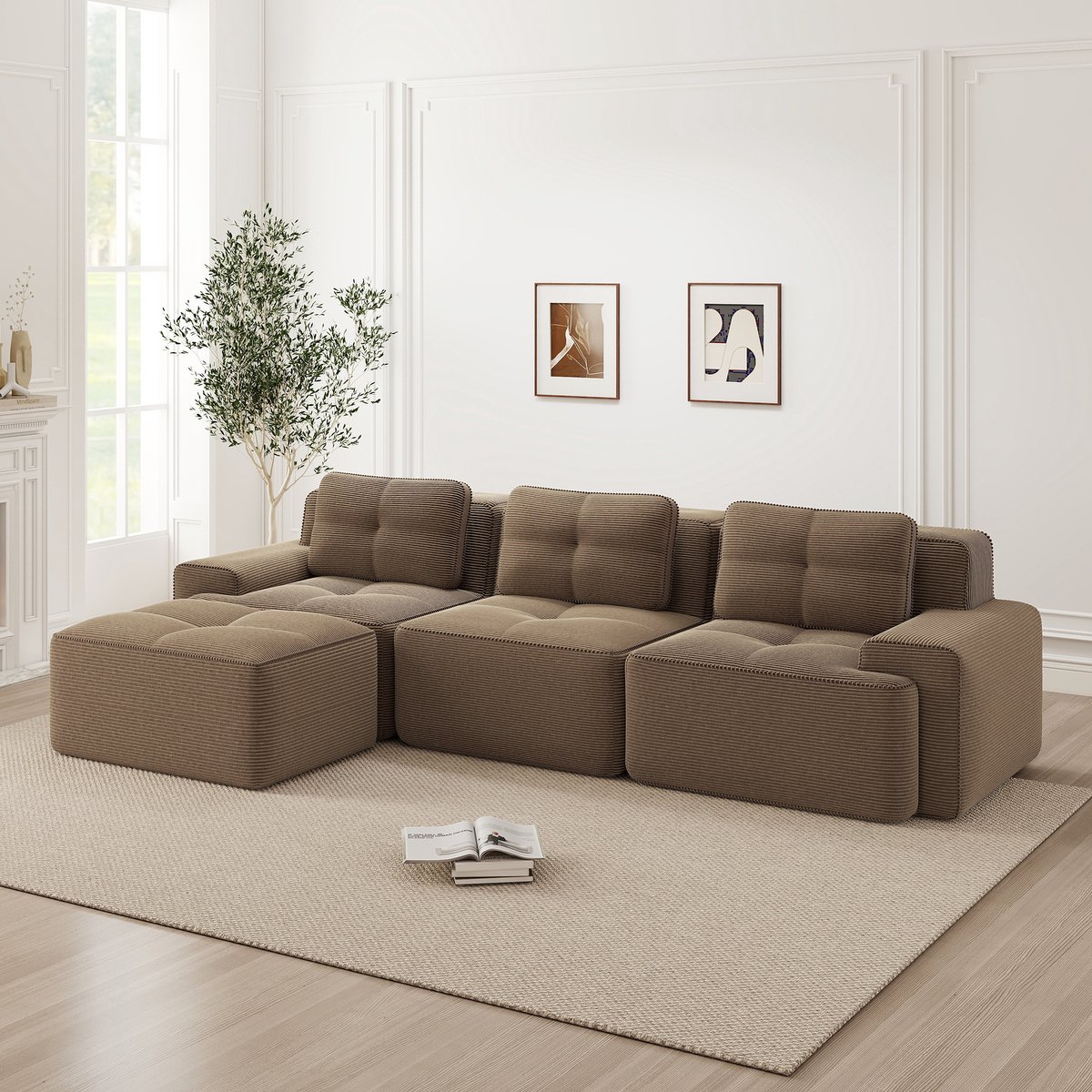 Flexibel en Comfortabel: Boneless Corduroy Cloud-Sofa met Ottoman, 3 Zitplaatsen - 293x177x69 cm, Bruin