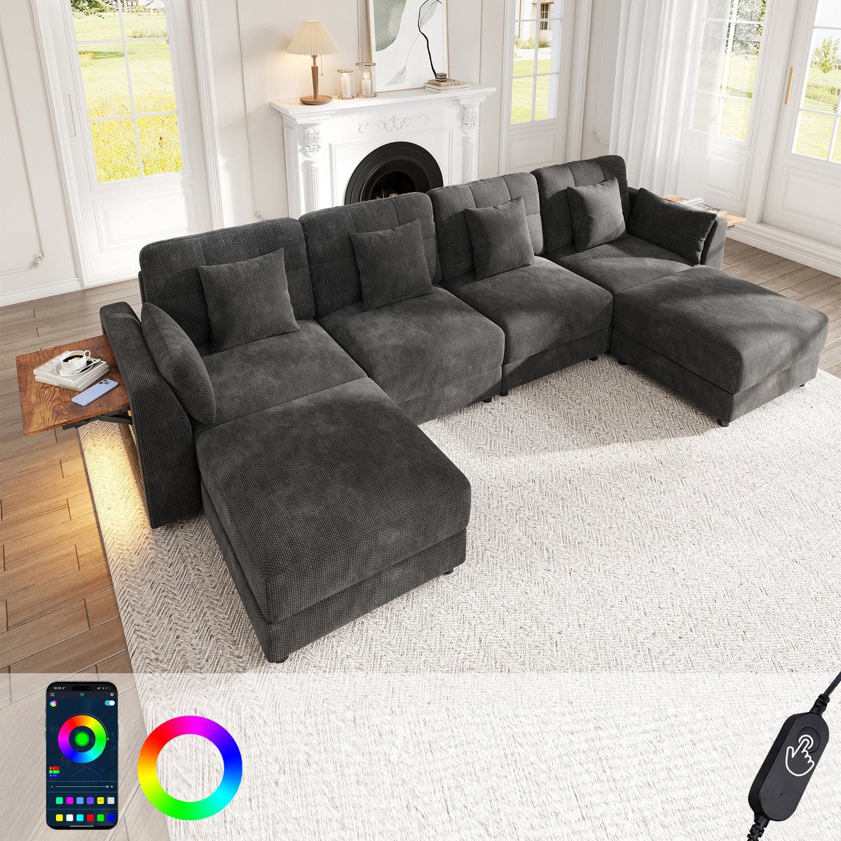 Modulaire Hoekbank - 6-Zits Chenille U-Vormige Sofa Met LED Verlichting En Opklapbare Tafeltjes - L-Vormige Lounge Bank Met 2 Hockers En Kussens - Luxe Bank Voor Woonkamer - Grijs
