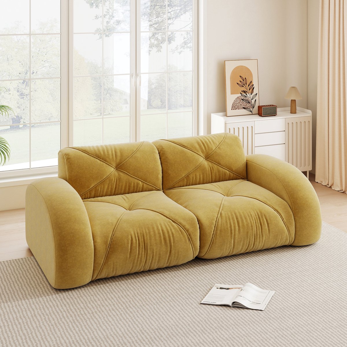 Comfortabele Chenille 2-Persoons Sofa - Stof Met Hoge Densiteit Schaumstof - 204x95x76 cm, Geel