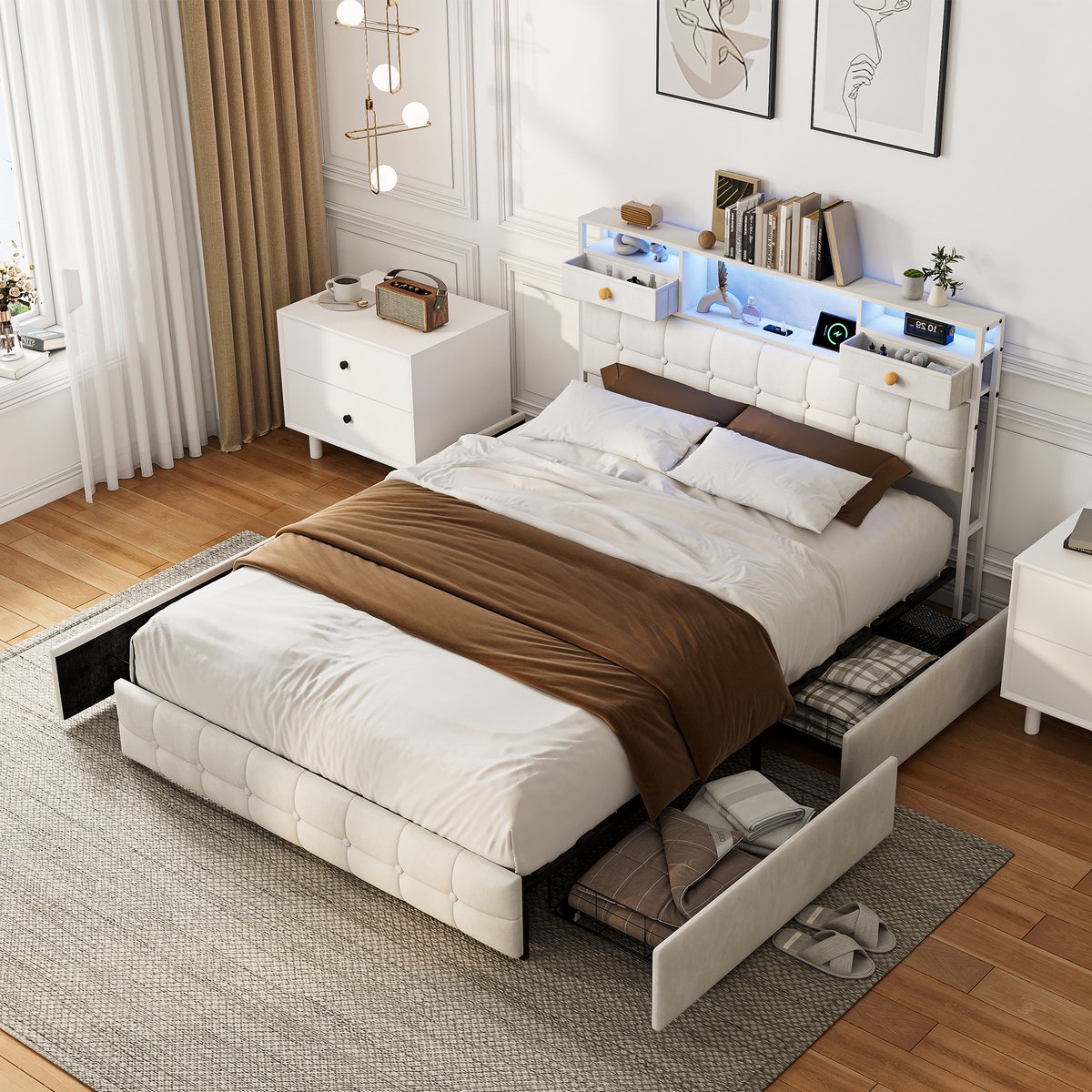 Tweepersoonsbed 140x200 cm met 4 opberglades, gestoffeerd bed met led-/USB-aansluiting, bedframe met hoofdbord en lattenbodem, fluweel Beige