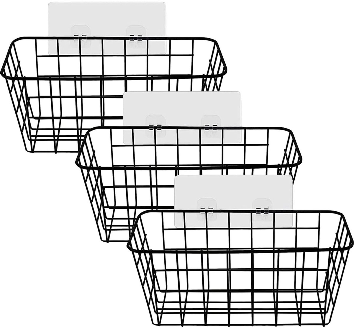 Solidchoice - Set van 3 Zwarte Wandmanden - Met Adhesieve Haak voor Keuken en Badkamer
