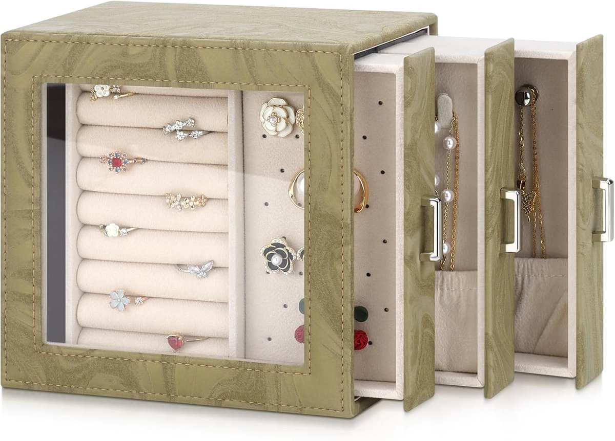 DesignSter Jewelry Box Organiser Jewellery Box for Women PU Jewelry Organizer Display Case with Side Drawers Jewelry - ShopVlot