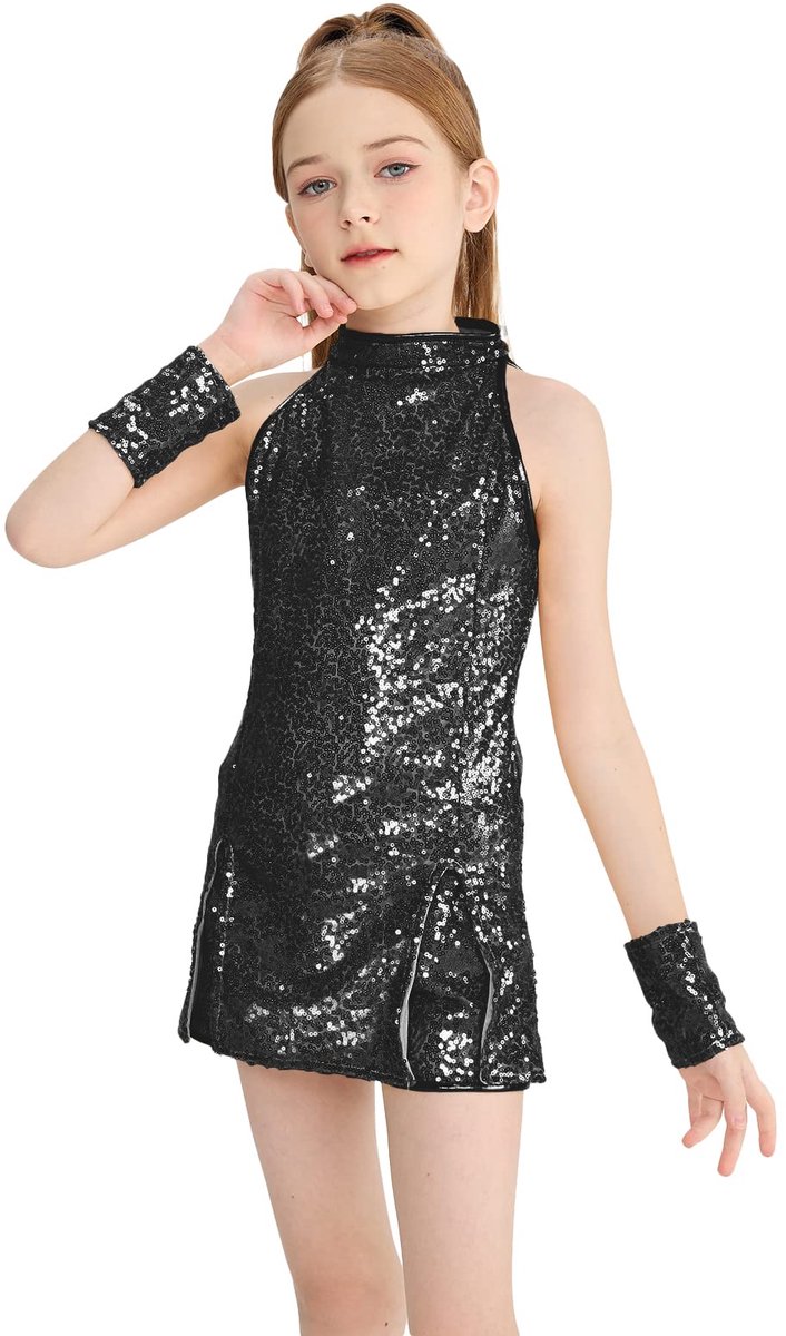 LOLANTA Meisjes Pailletten Dans Kostuum Street Dance Outfits Sparkle Hip Hop Jazz Dans Kleding Set, Zwart, 8-9 jaar - ShopVlot