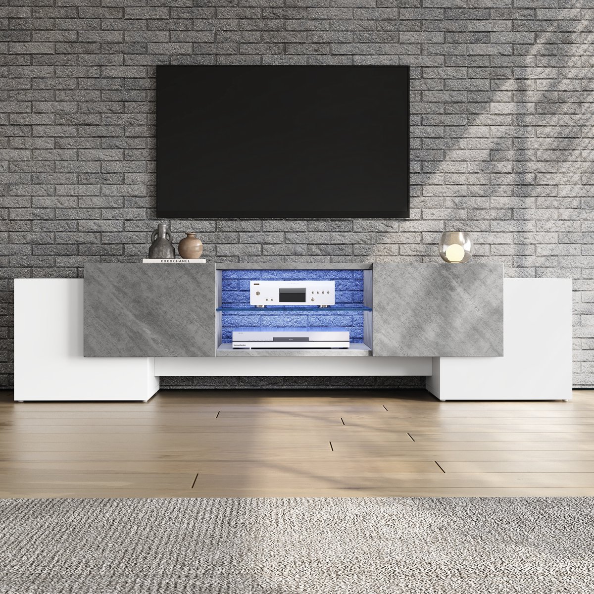 TV-Meubel voor Woonkamer en Tv’s van 60–70 Inch – Modern Lowboard van MDF – Ledverlichting met App-Bediening – 4 Kasten en Verstelbare Glazen Vakken – 180 × 40 × 46,5 cm – Wit en Grijs