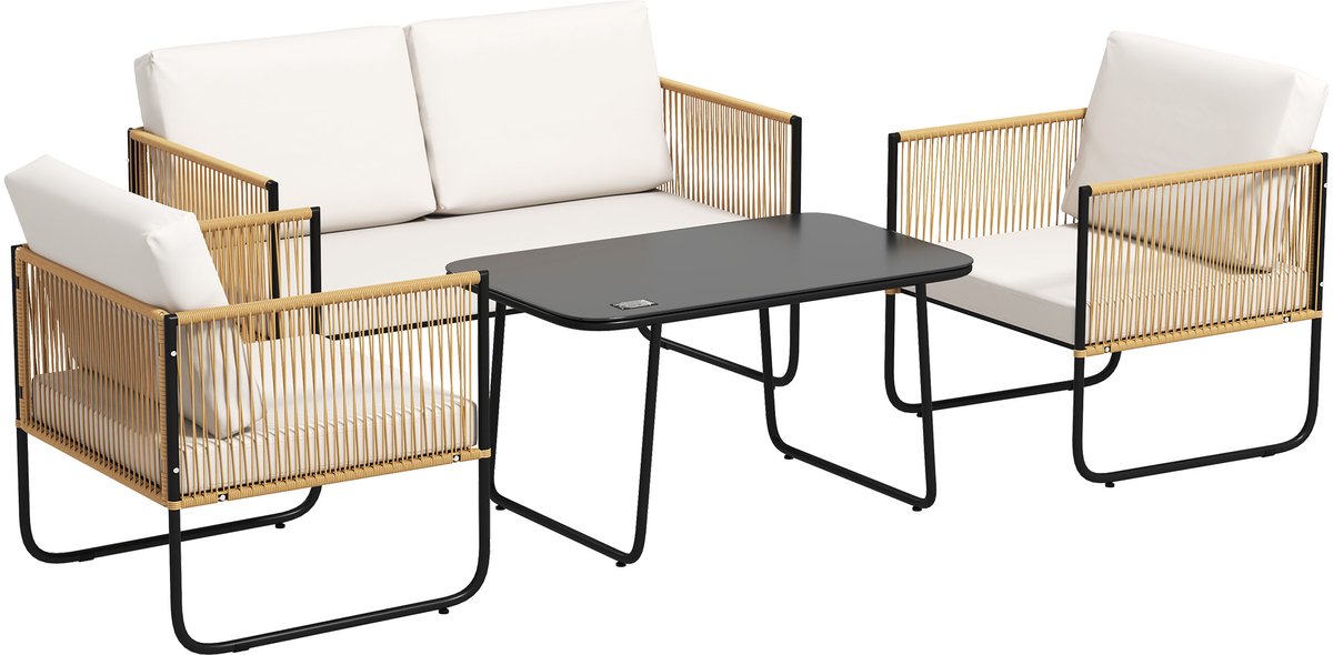 Tuinmeubelset van polyrotan, 4-delig, balkonmeubels, loungeset incl. 2-zits, 2 fauteuils, tafel, tuin, lichtbruin en crèmewit