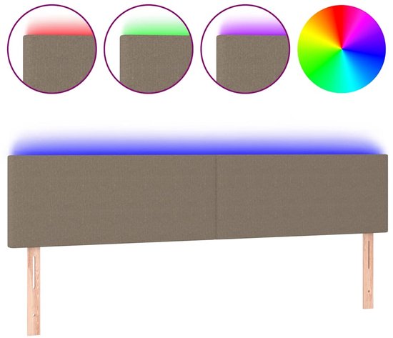 Tête de lit taupe avec éclairage LED multicolore, dotée de pieds en bois.
