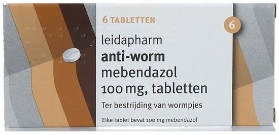 Verpakking met 6 leidapharm anti-worm mebendazol tabletten van 100 mg voor de bestrijding van wormpjes.