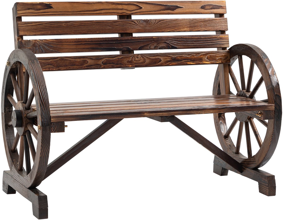 Tuinbank - wagenwielontwerp - voor 2 personen - naturel hout - donkerbruin - 105 - 5 x 56 x 79 cm