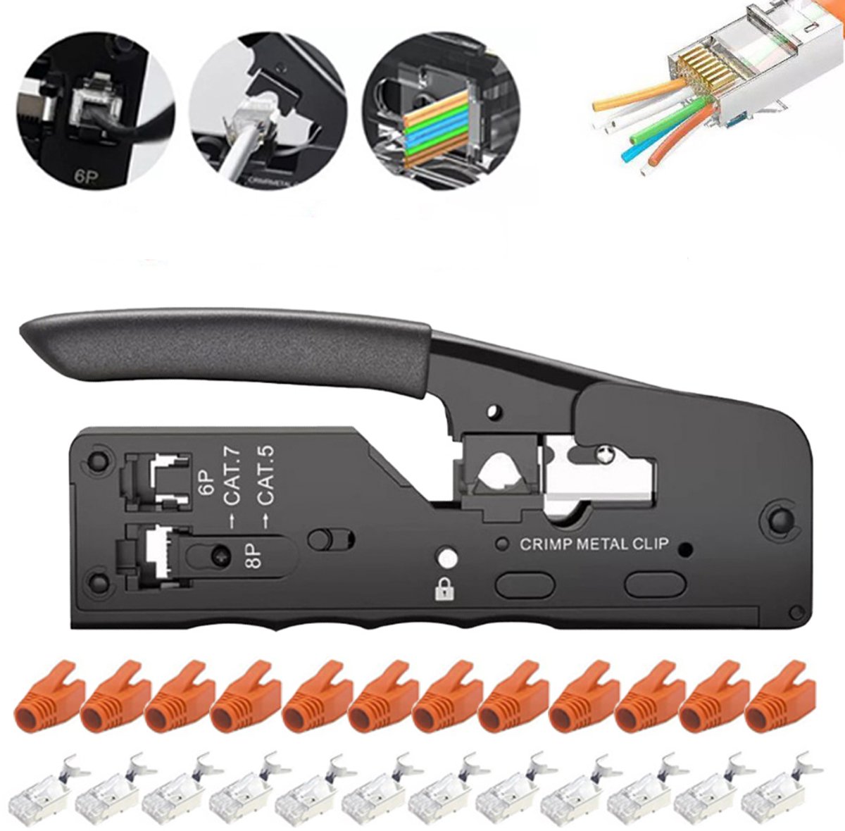Netwerkgereedschapset - Rechte krimptang - Combinatieset voor het krimpen van netwerkkabels voor thuisgebruik - Modulaire krimptang - Geschikt voor RJ45, RJ12 en RJ11 netwerkconnectoren, modulaire stekkers en Ethernetkabels - Multitool - Zwart