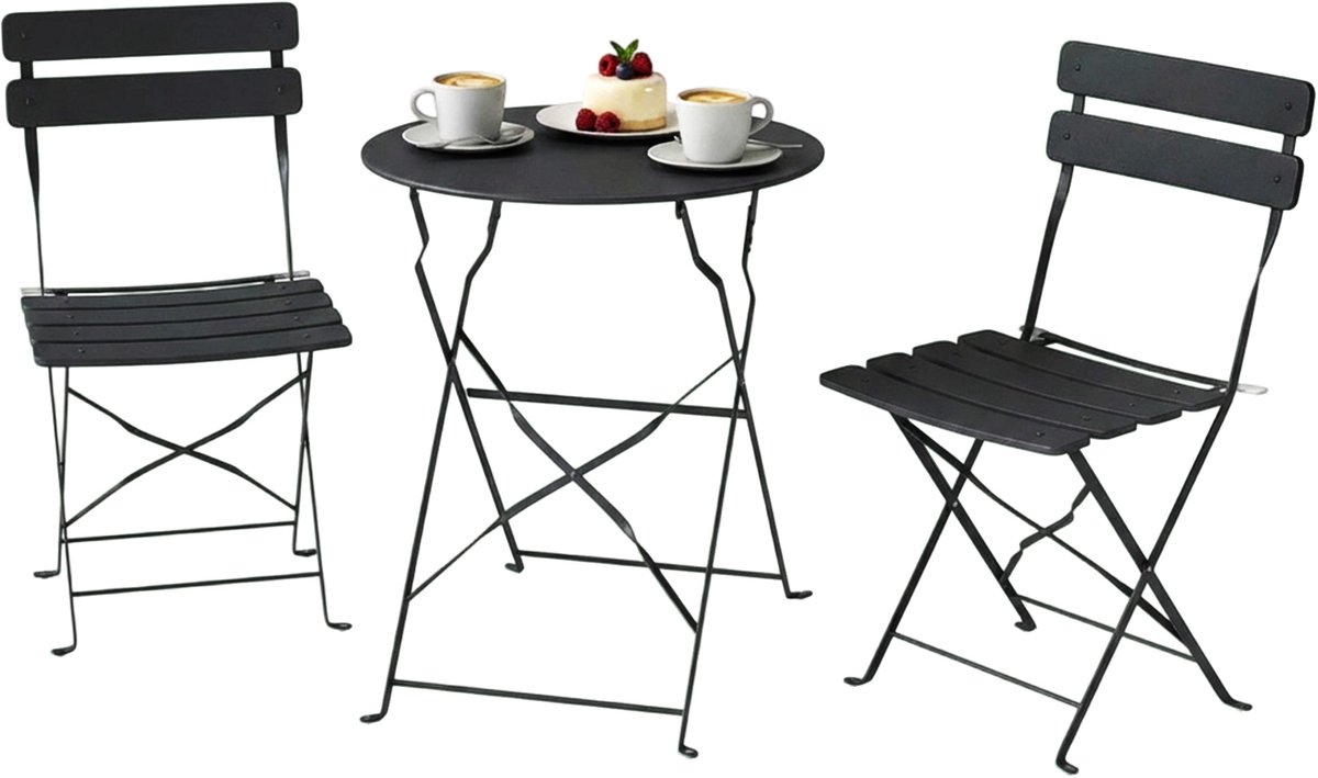 Tuinset van 3-delig – een tafel en twee klapstoelen met dwarsbalken – dubbele roestwerende behandeling – zwart
