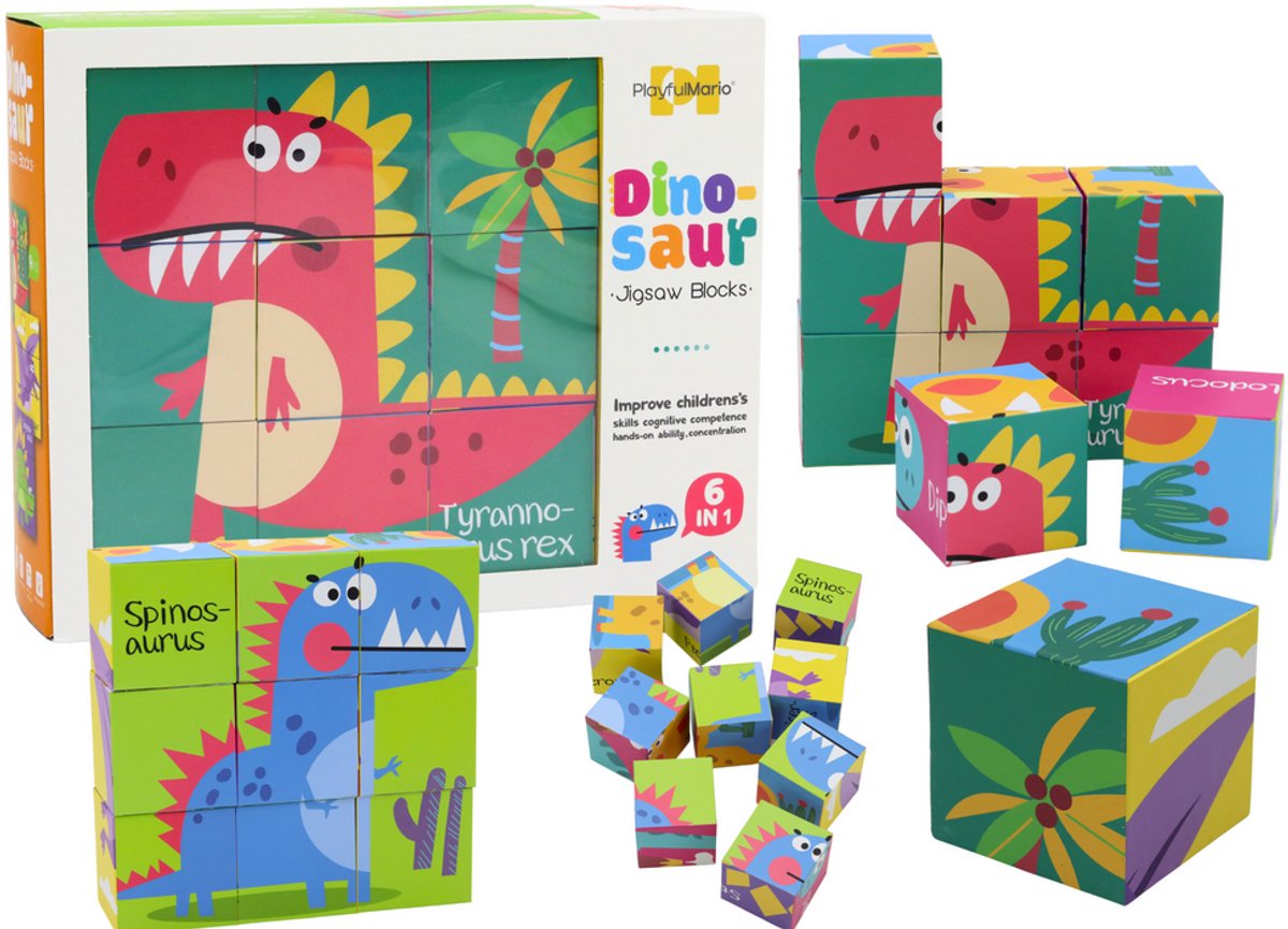Educatieve puzzel 6in1 Blokken Puzzelkubussen 6 Afbeeldingen Dinosaurussen 9 El.