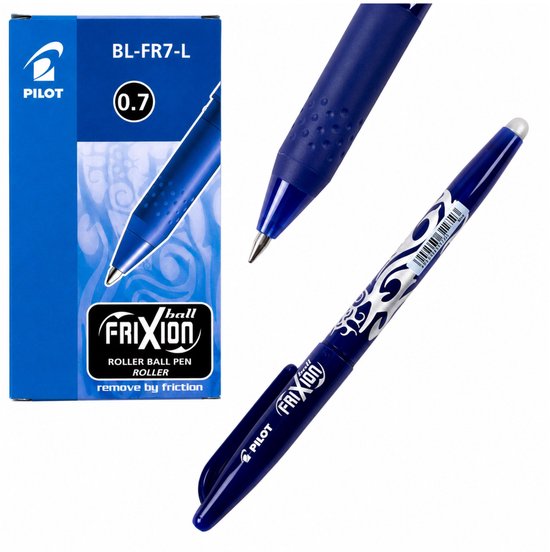 Blauwe Pilot Frixion balpen met een zilveren punt en "Frixion" logo. De pen heeft een grip van zacht rubber.