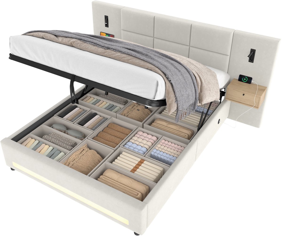 Merax Gestoffeerd Bed 160 x 200 cm - Bed Met Opbergruimte - Fluweel - Hydraulisch Hefmechanisme - LED Verlichting - USB-C Aansluitingen - Hoofdbord Met Laden - Beige