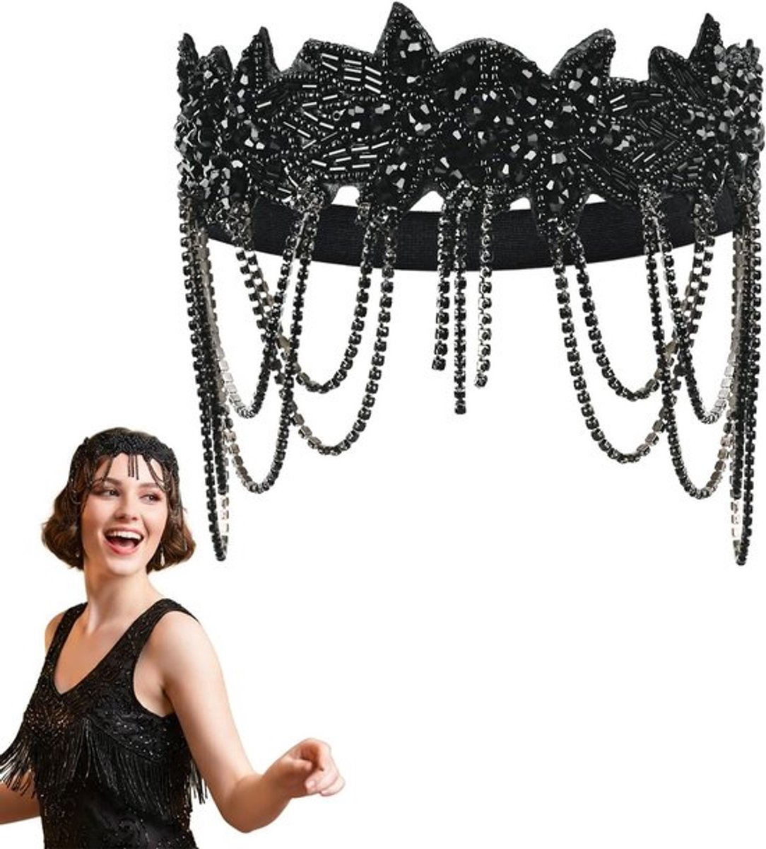 Vintage Haarband voor Vrouwen in de Jaren '20, Gatsby Stijl, Met Strass Steentjes voor Feest, Bruiloft en Kostuum, Zwart