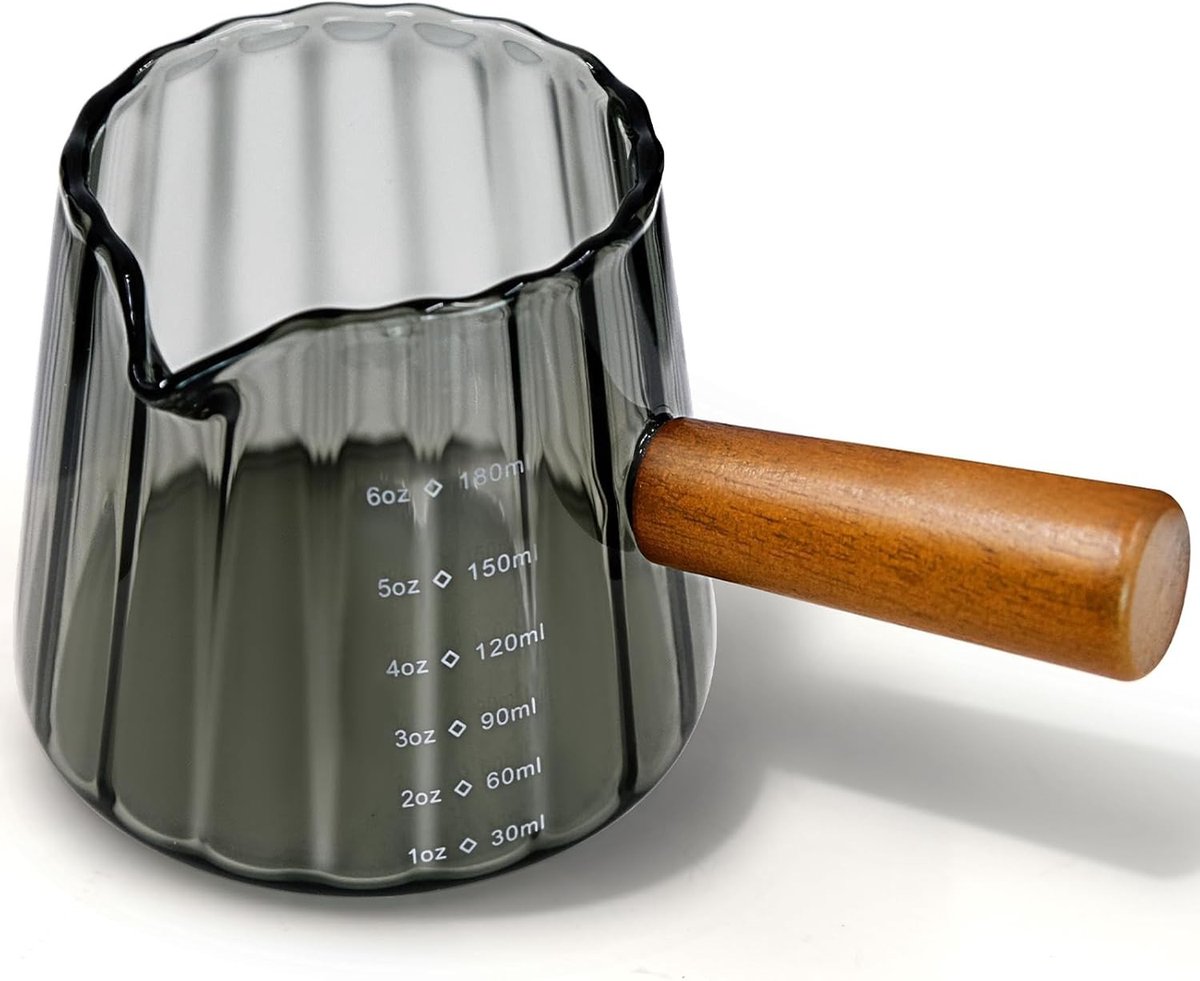 Espresso meetbeker - Grijs - 180 ml - Borosilicaatglas met Houten Handgreep - Voor Koffie en Melk