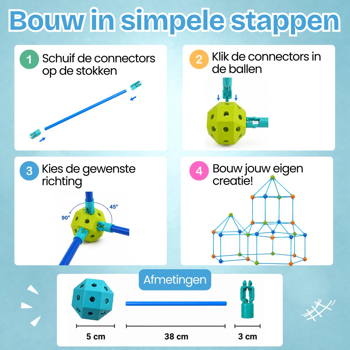 TinyPlay Fort Bouwpakket XXL 336 Onderdelen - Speelgoed 4 Jaar 5 Jaar - Kinderspeelgoed - Sensorisch Speelgoed - Bouwset Jongens Meisjes - Hut Bouwen - Speeltent -Megafort - Montessori Educatief Speelgoed - Incl. Opbergtas — afbeelding 7