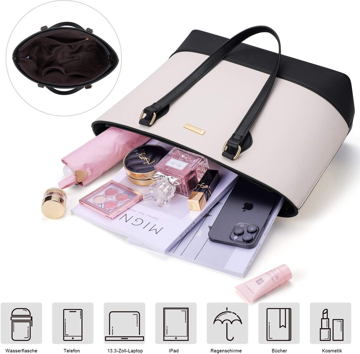 Dames handtas set, 4-delig, PU, zwart wit, schoudertas en crossbodytas