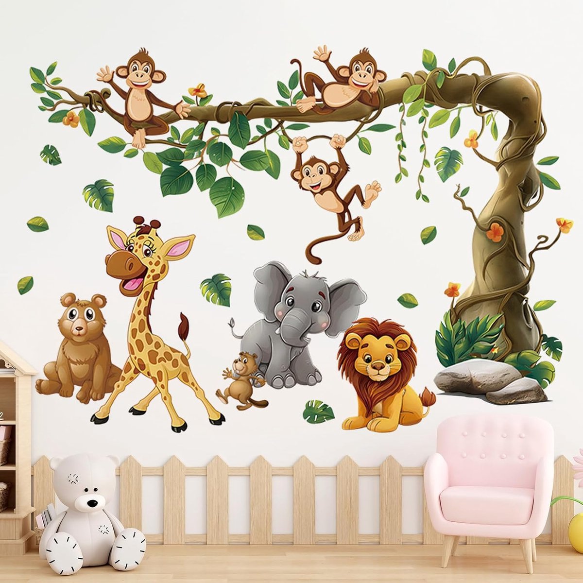 milaosk Muursticker kinderen dier bos boom muursticker decoratieve muurstickers giraffe olifant leeuw aap beer DIY wanddecoratie voor kinderkamer