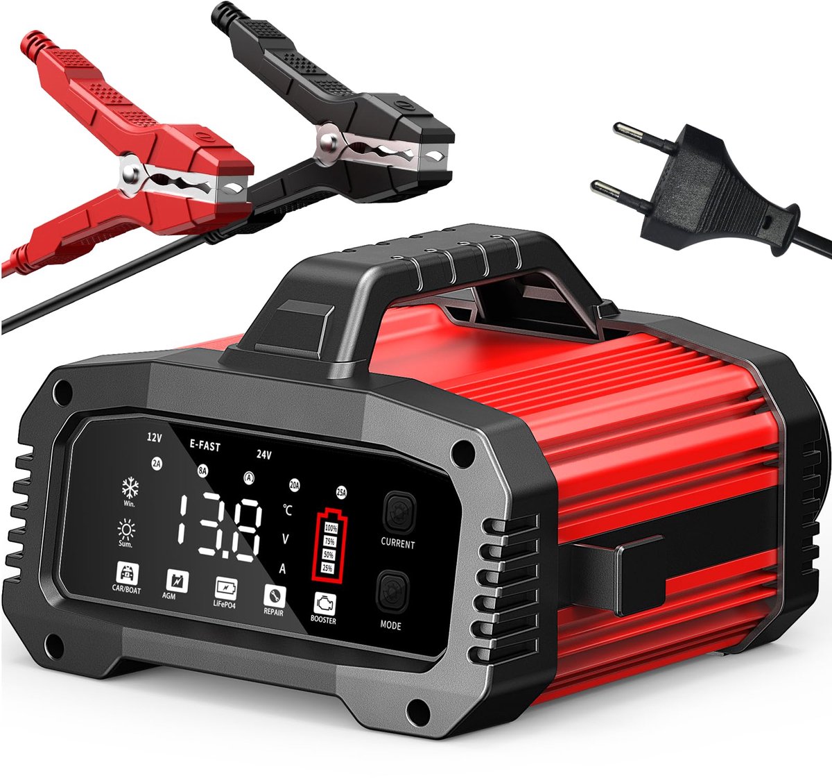 Volautomatische auto-acculader met temperatuurcompensatie voor auto, vrachtwagens, motorfietsen, grasmaaiers en boten