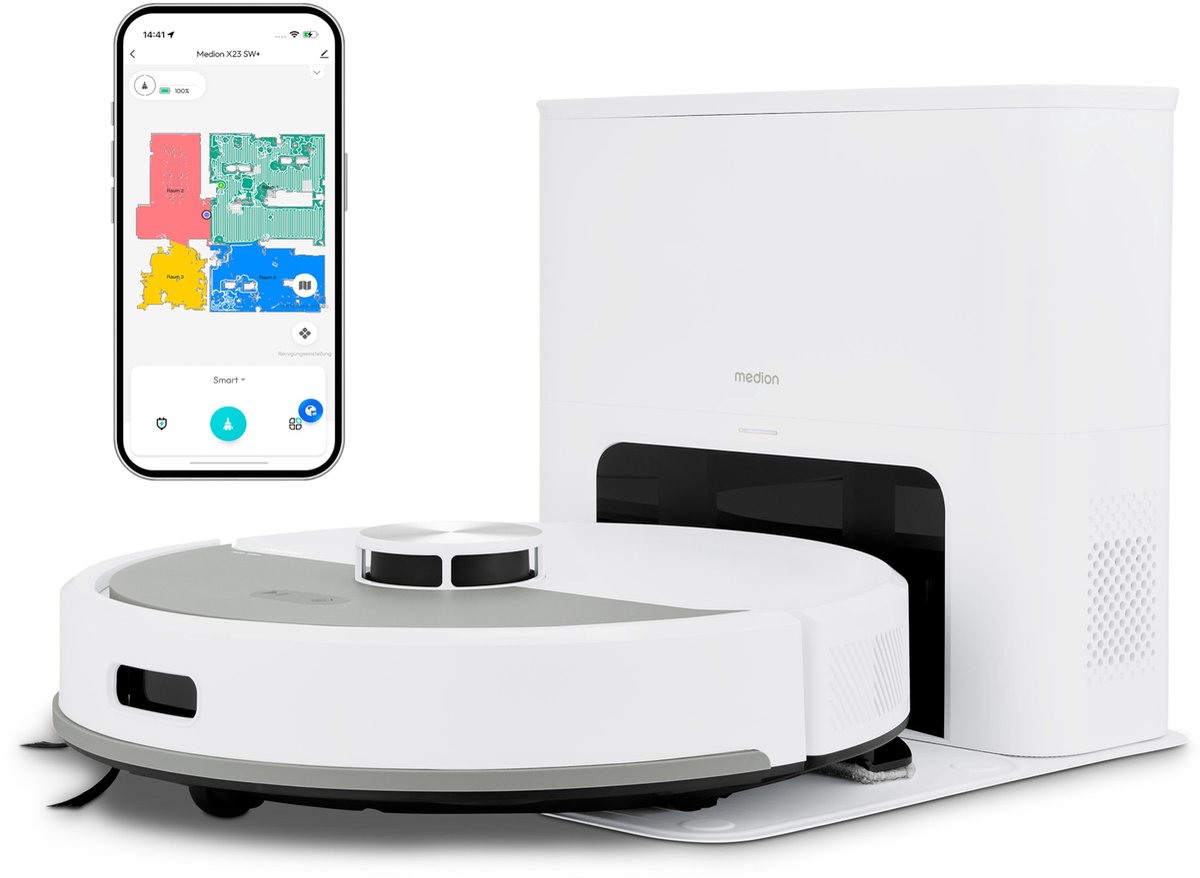 MEDION Robotstofzuiger met afzuigstation en dweilfunctie X23 SW+ (lasernavigatie, sterke 5000 Pa zuigkracht, 2-in-1 robotstofzuiger, nauwkeurige kaartopbouw, Go & No Go-zones, meerdere verdiepingen) w