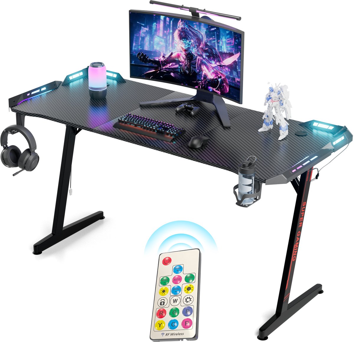 Arvioo - L07 gaming bureau 140x60cm - RGB LED verlichting - Z-vormig frame - carbon blad