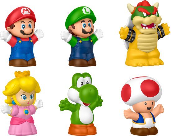 Mario, Luigi, Bowser, Peach, Yoshi en Toad speelfiguren.