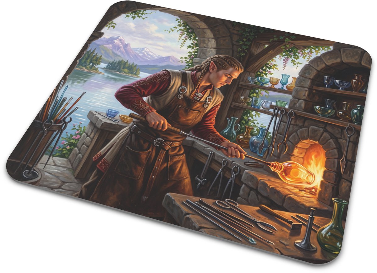 Muismat Fantasy Elven Glasblazer Elf Ambachtskunstenaar in Glasblazerij Illustratie Uniek Ambachtelijk Ontwerp met Smidse en Glas Decoratie Thuiswerkplek Rechthoekig Bureau Accessoire 22x20 cm