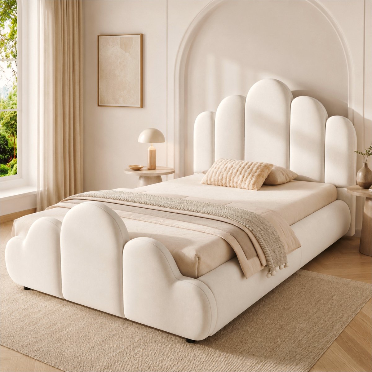 Gestoffeerd bed - kinderbed 90 x 200 cm - met gestoffeerd hoofdeinde - afgeronde hoeken - fluweel - beige - zonder matras