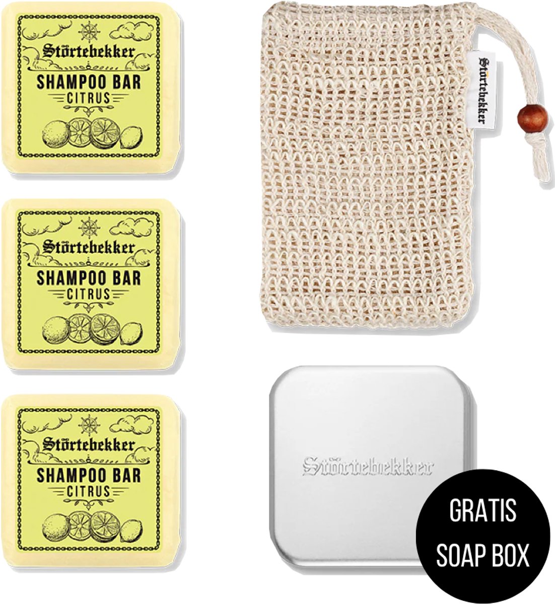 Störtebekker® Premium Doucheset Hair - Vaste shampoo (100 g x3), sisalzakje + GRATIS aluminium zeepdoosje - Shampoo Bar Set - Solid shampoo Set- Handgemaakt in NL