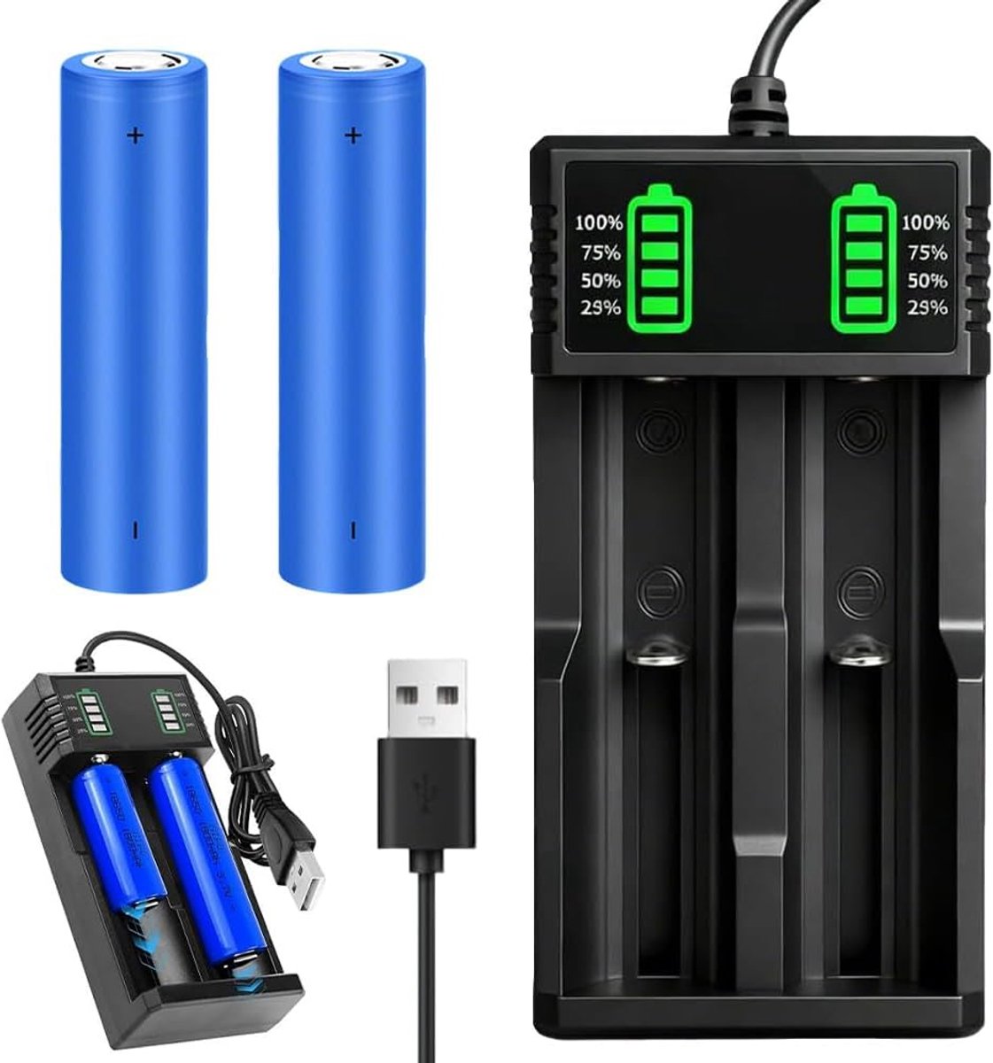 SnelShoppen - Oplaadbare 3.7 V 2200 mAh Batterij met Oplader, 2-Pack Universele NiMH Batterijen met USB Opladers voor Microfoons, RC Zaklampen, Deurbe