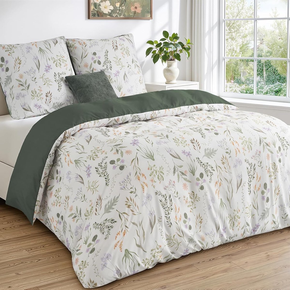 Bedding 240x220 olijfgroen bloemen - ÖKO-TEX dekbedovertrek - zacht en comfortabel - perfect voor het hele jaar - ShopVlot