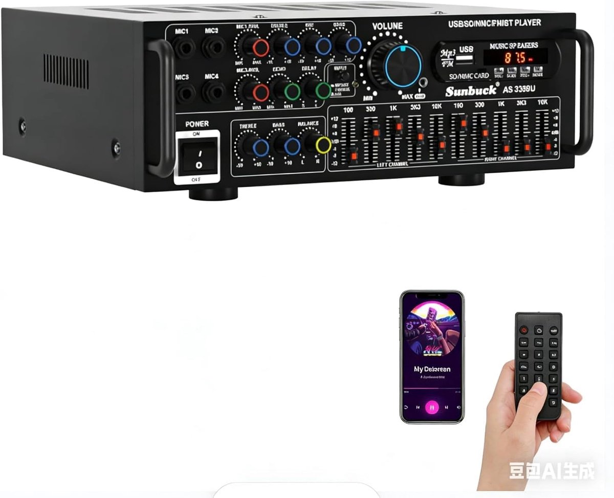 SnelShoppen - Hifi Versterker Stereo met Bluetooth 5.0, 2000W Audio Receiver, Karaoke, FM, USB, SD, AUX, 5-Bands EQ Mixer, 4 Microfoonaansluitingen, V