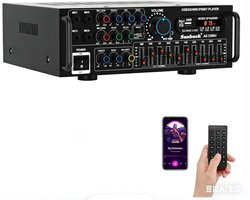 SnelShoppen - Hifi Versterker Stereo met Bluetooth 5.0, 2000W Audio Receiver, Karaoke, FM, USB, SD, AUX, 5-Bands EQ Mixer, 4 Microfoonaansluitingen, V