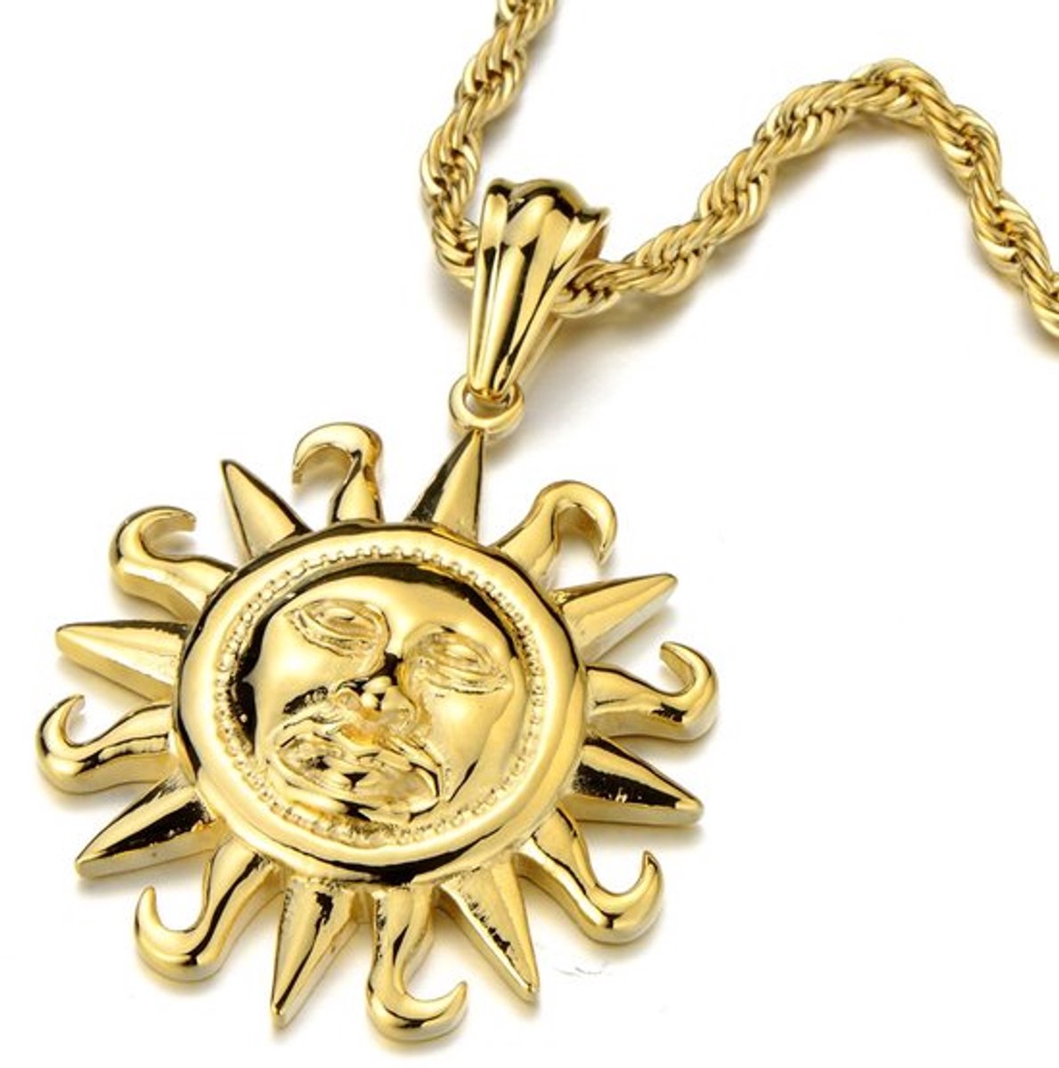 Unisex Gouden Zonnehanger, RVS, Ketting voor Vrouwen en Mannen, met 56 Cm Stalen Kabelketting