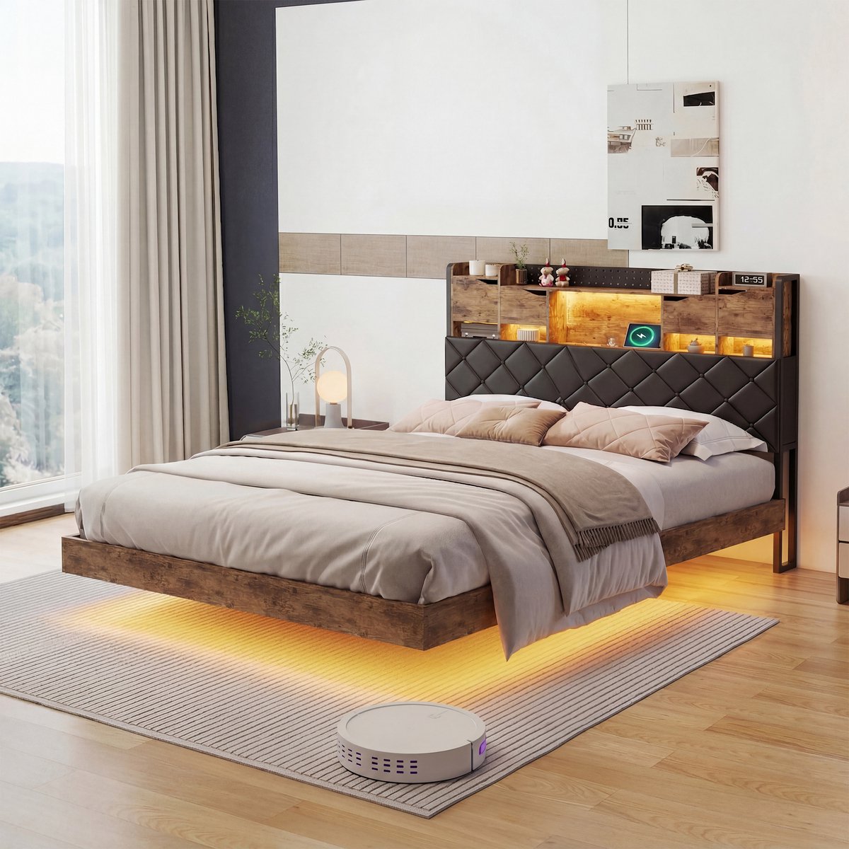 Tweepersoonsbed 140x200 cm, volwassen bed met opberghoofdbord en openklapbare opslag, gestoffeerd hoofdbord, houtlook bedframe, zwart, zonder matras